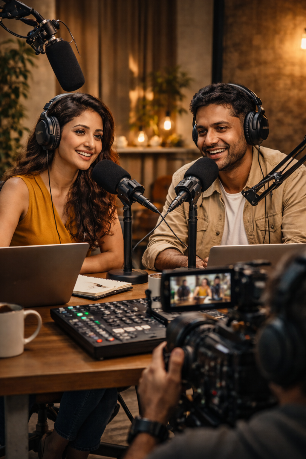 Podcast hosts in dynamic studio recording scene